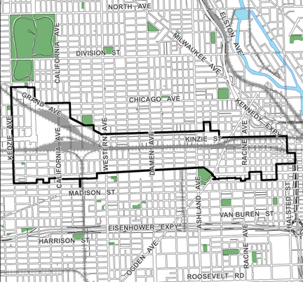 Kinzie Industrial Corridor TIF district map, roughly bounded on the north by Grand Avenue, Washington Boulevard on the south, the Kennedy Expressway on the east, and Kedzie Avenue on the west.